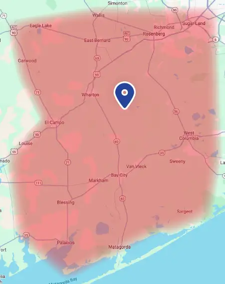 Hunter's Air & Heat Service Area Map - Boling-Iago, TX and Surrounding Areas